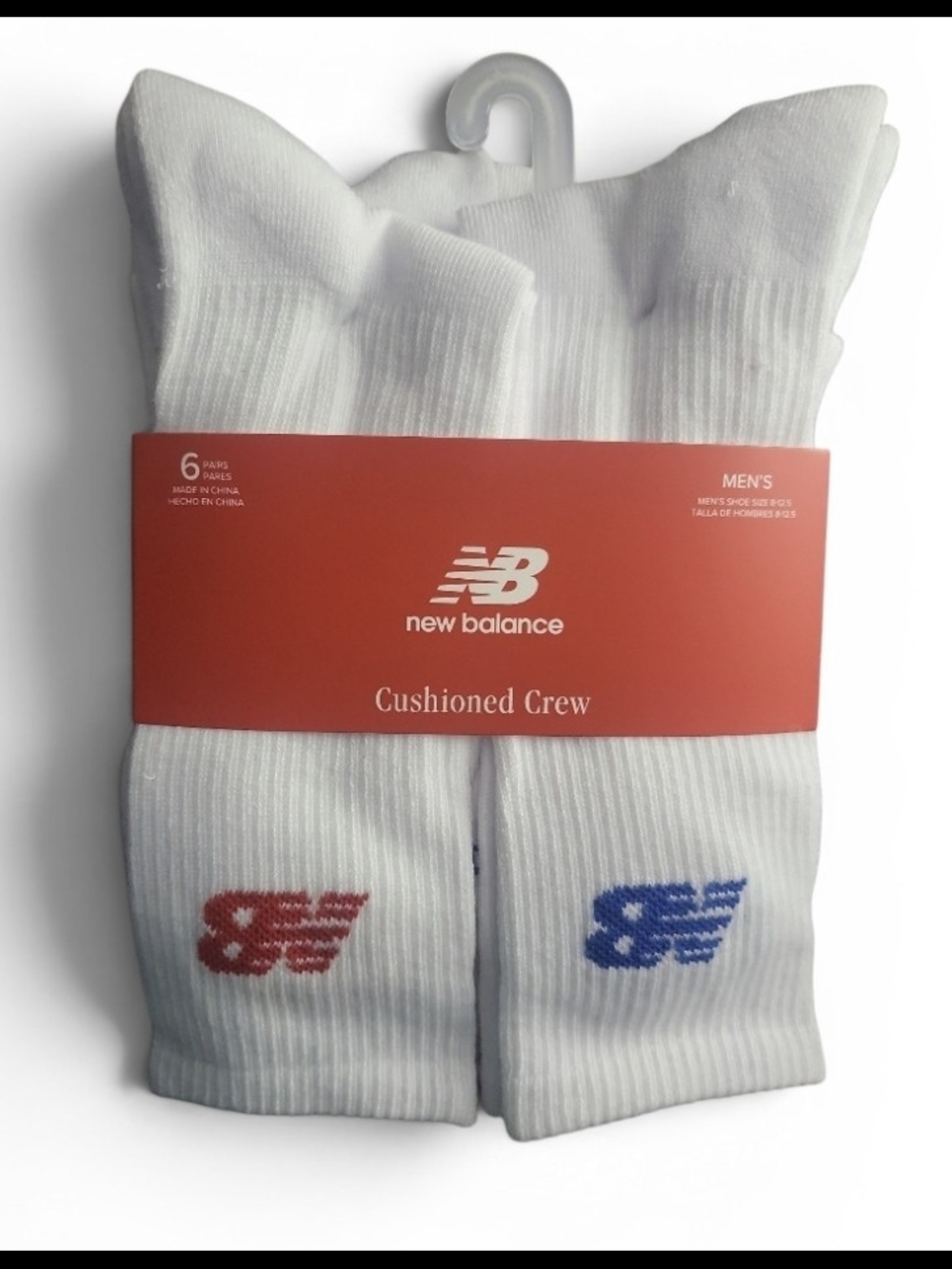 NEW BALANCE 6 Pairs Cushioned Crew Mens 8-12.5 Arch Support White Blue Red Socks